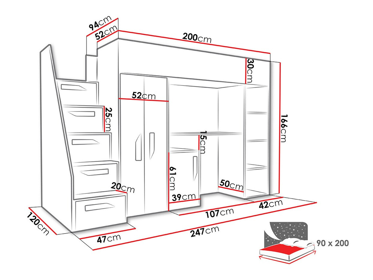 Высокая кровать Hartford 192 (Белый + Глянцевый черный + Глянцевый белый)