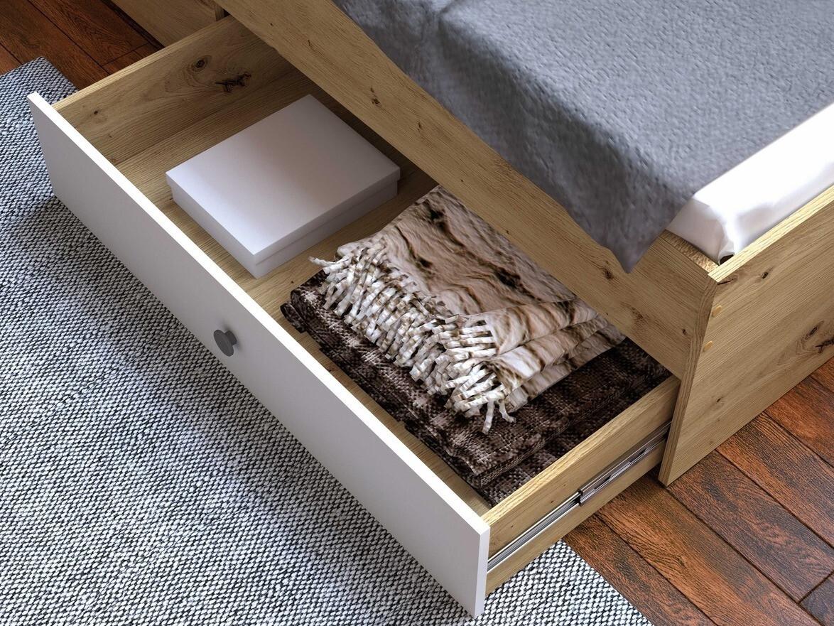 Кровать Mirelbu 112 (Artisan дуб + Глянцевый белый + Чёрный)