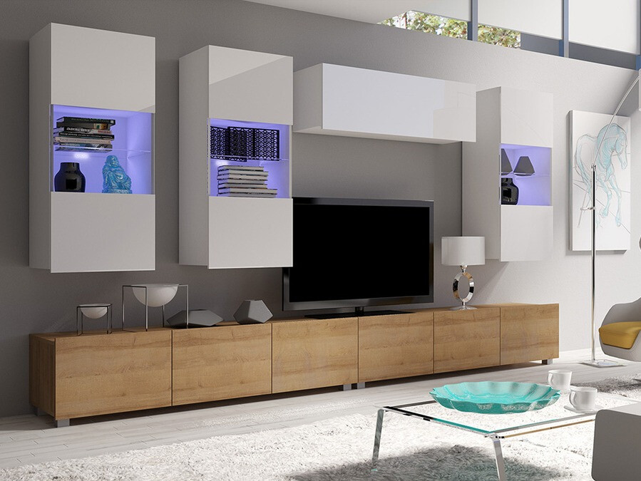 Viesistabas komplekts Tivdalu 109 (Zeltains ozols + Balts + Glancēts balts)