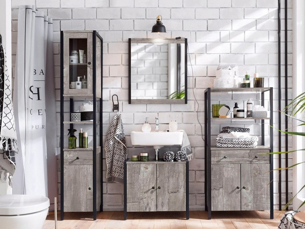 Stāvošs vannas skapītis Larnovo 110 (Pelēks ozols + Melns)