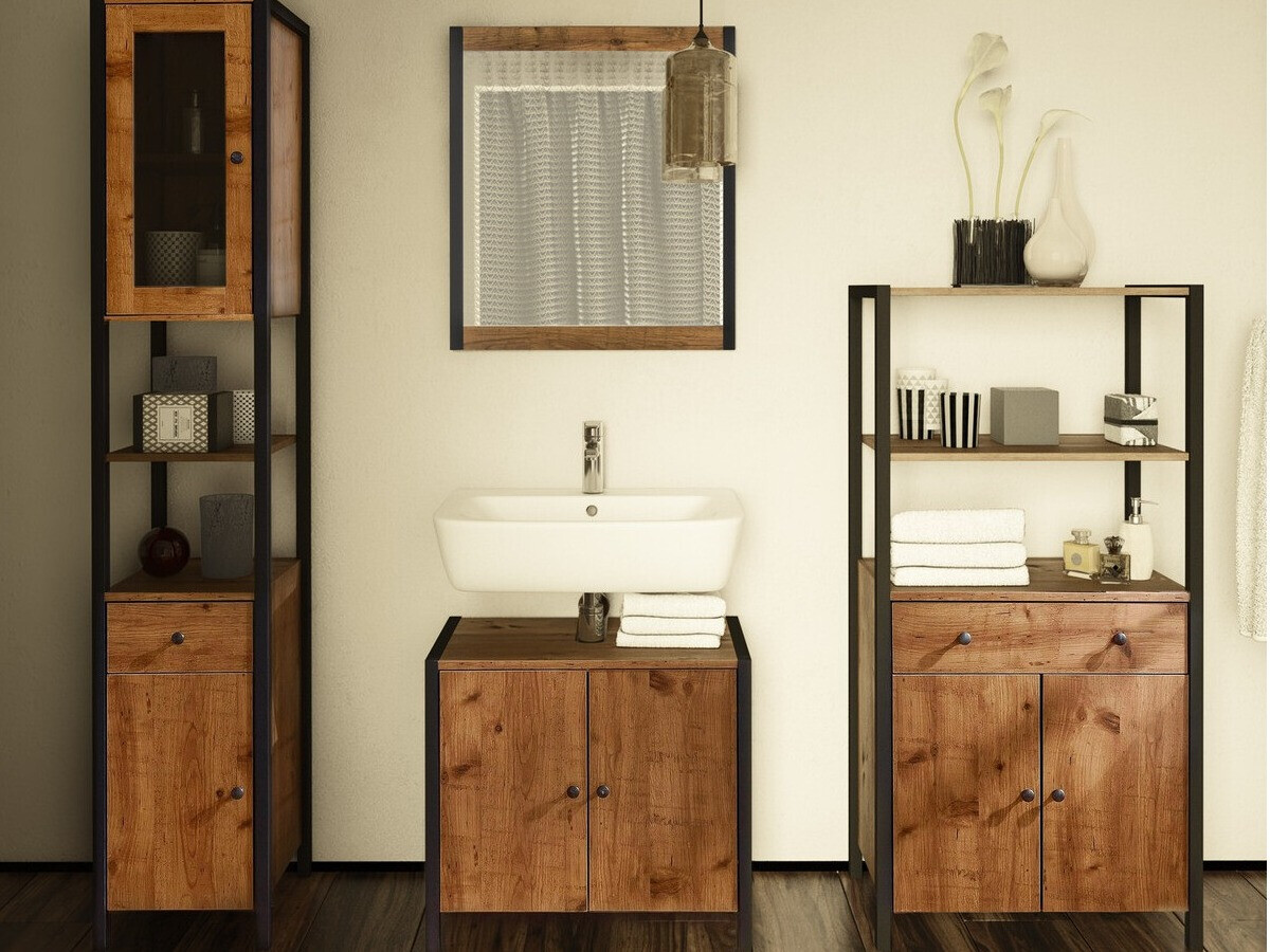 Stāvošs vannas skapītis Larnovo 110 (Tumšs ozols + Melns)