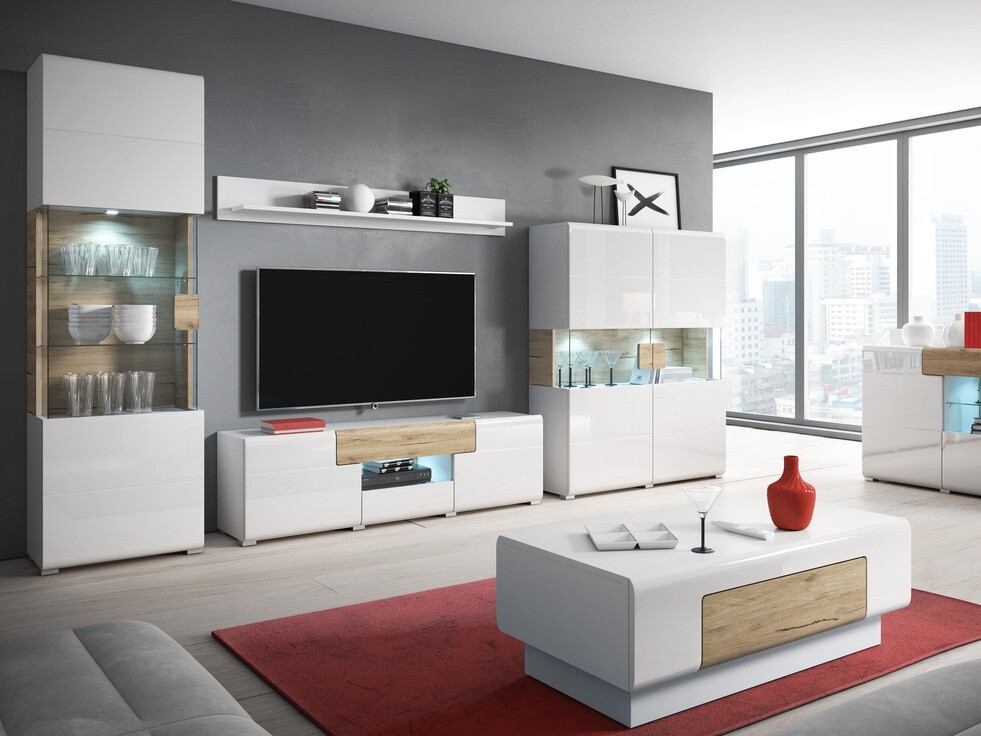 Žurnālu galdiņš Torsone 111 (Balts + Glancēts balts + Sanremo ozols)