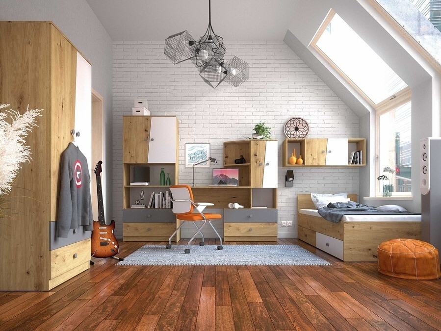 Rakstāmgalds Mirelbu 110 (Artisan ozols + Glancēts balts + Glancēts pelēks)