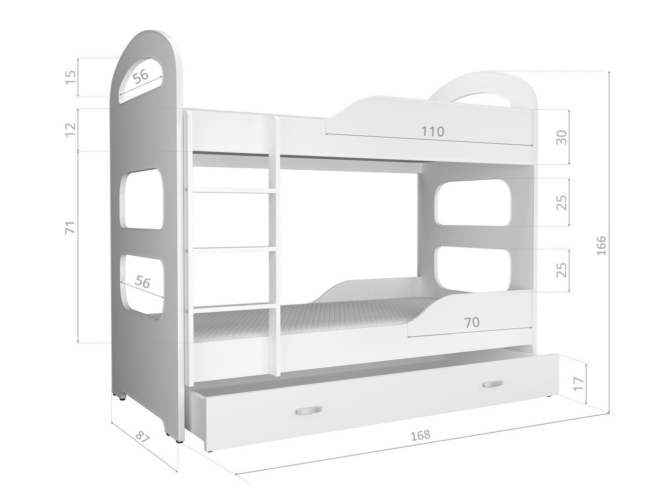 Divstāvu gulta Aurora 116 (Balts + Pelēks)
