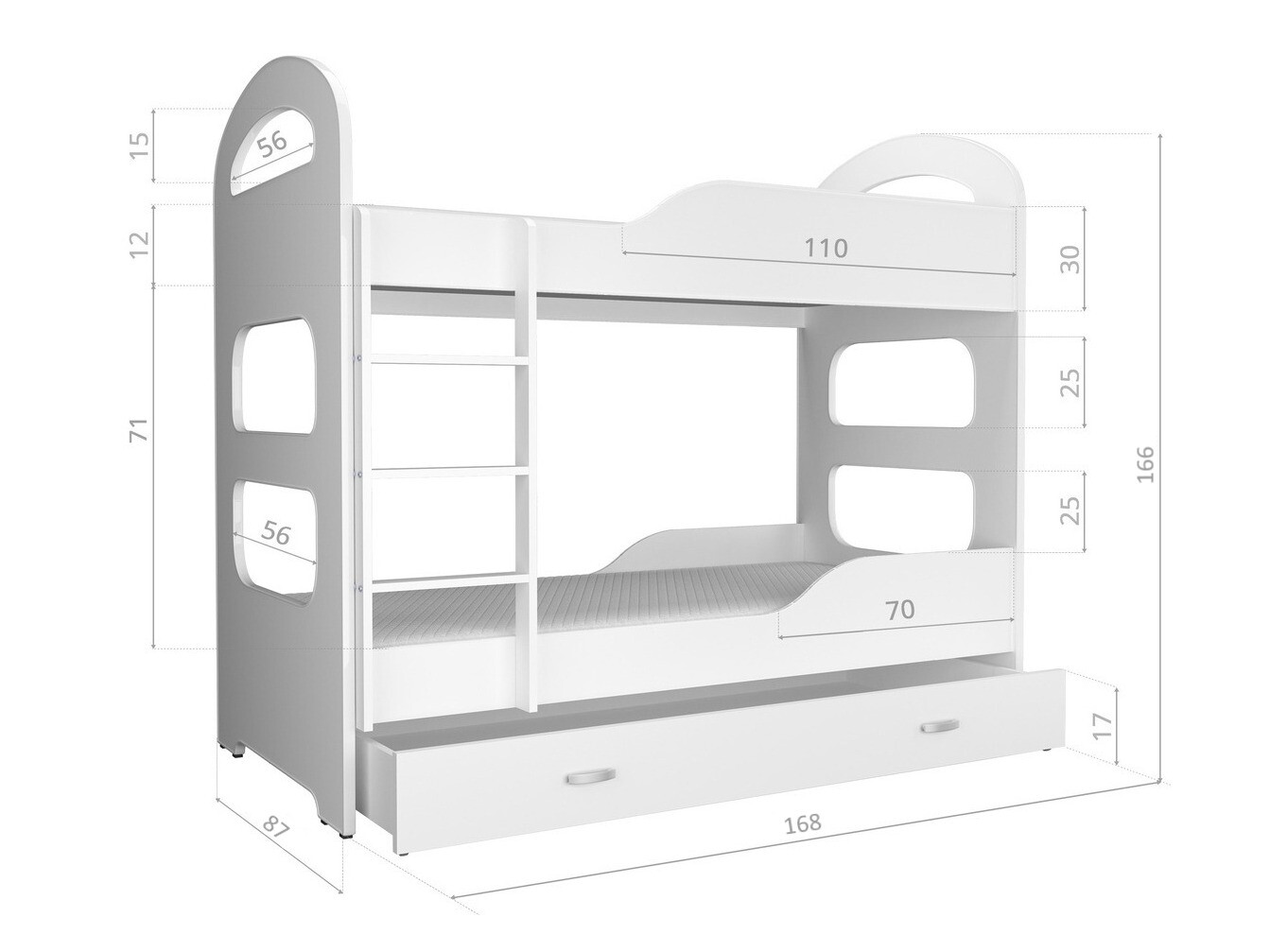 Divstāvu gulta Aurora 116 (Balts + Tumši rozā)