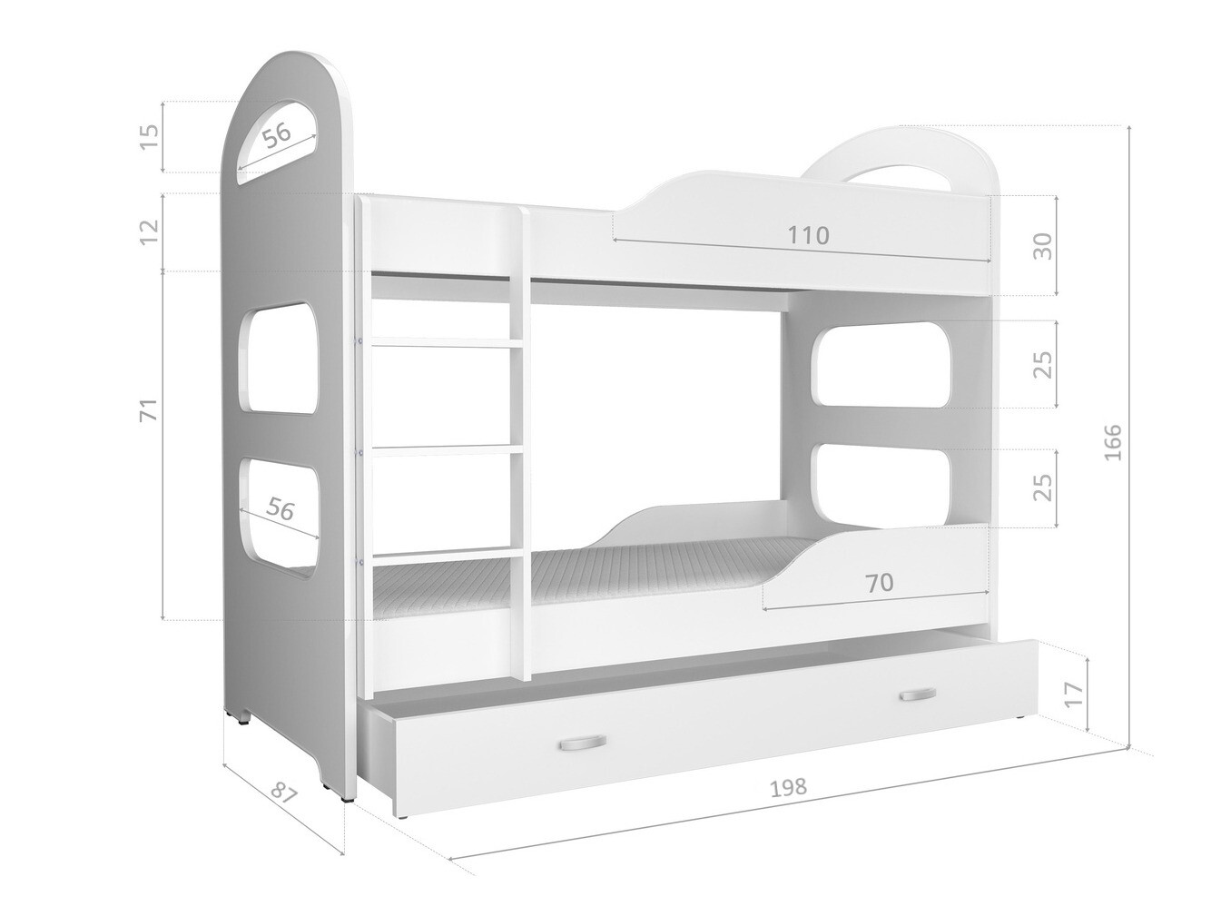 Divstāvu gulta Aurora 116 (Balts + Tumši rozā)
