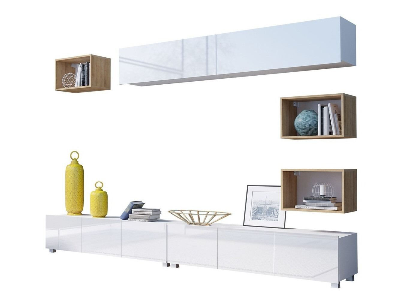 Viesistabas komplekts Remus XXXI (Balts + Glancēts balts + Zeltains ozols)