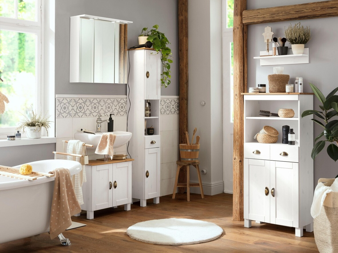 Stāvošs vannas skapītis Serelbu 107 (Balts + Gaiši brūns)