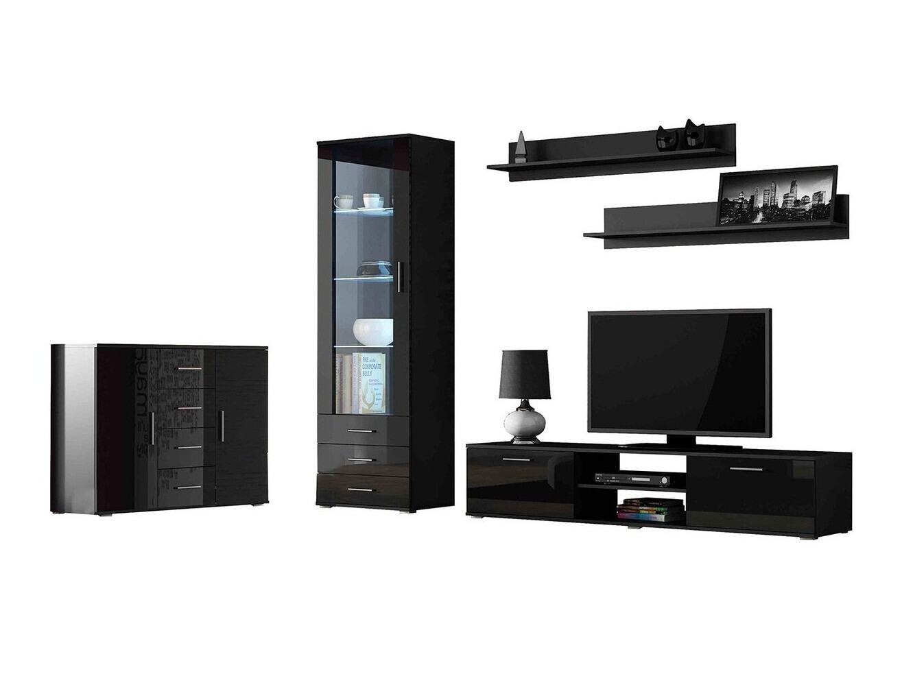 Viesistabas komplekts Tornola 108 (Melns + Glancēts melns)