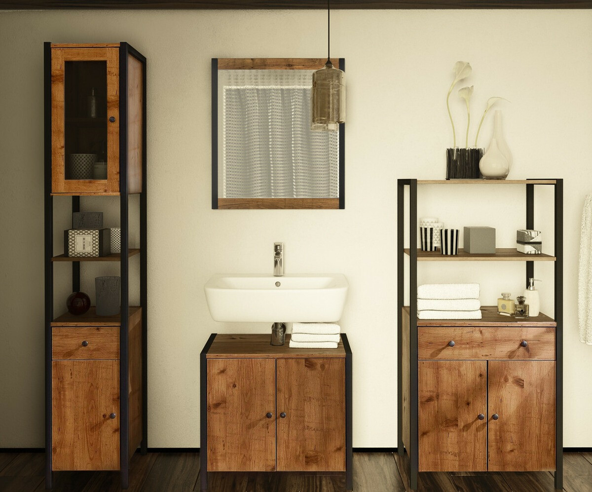 Stāvošs vannas istabas skapītis izlietnei Larnovo 113 (Tumšs ozols + Melns)