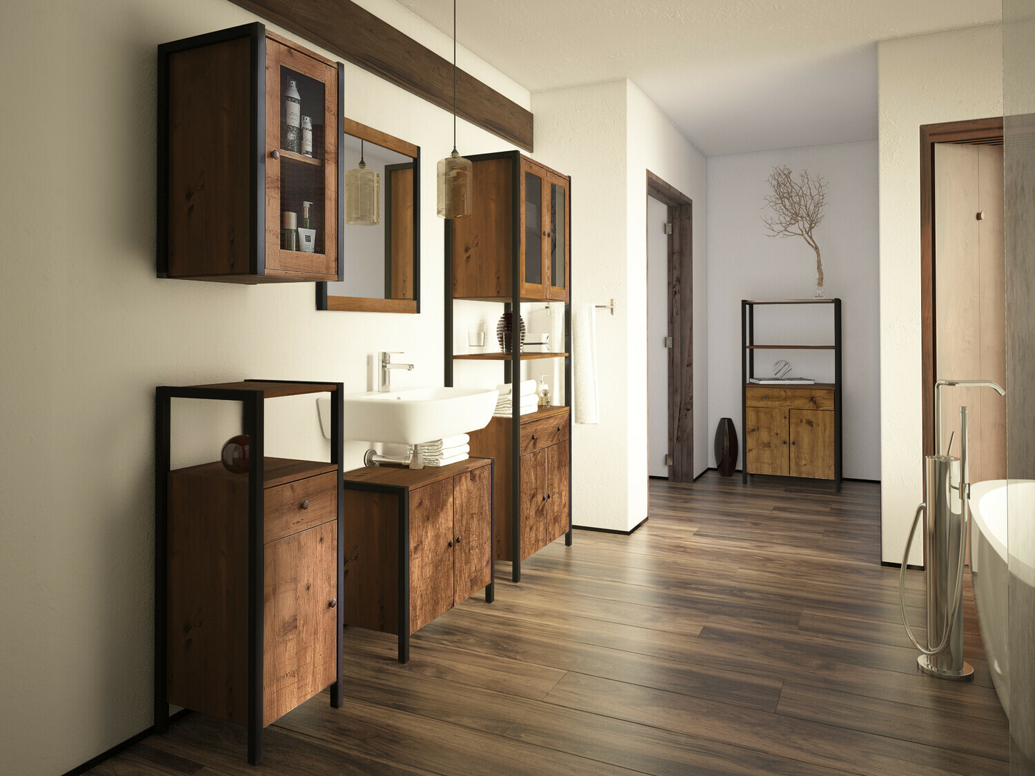 Stāvošs vannas istabas skapītis izlietnei Larnovo 113 (Tumšs ozols + Melns)