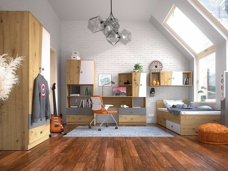 Настенные шкафы Mirelbu 111 (Artisan дуб + Глянцевый белый + Чёрный)