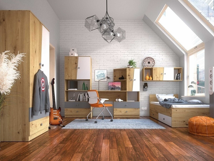 Настенные шкафы Mirelbu 111 (Artisan дуб + Глянцевый белый + Серый)