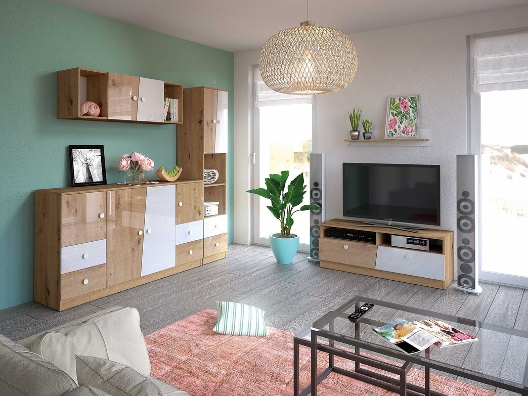 Kumode Mirelbu 105 (Artisan ozols + Glancēts balts + Glancēts melns)