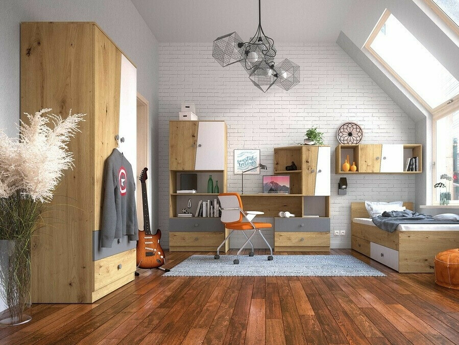 Skapis Mirelbu 100 (Artisan ozols + Glancēts balts + Glancēts pelēks)