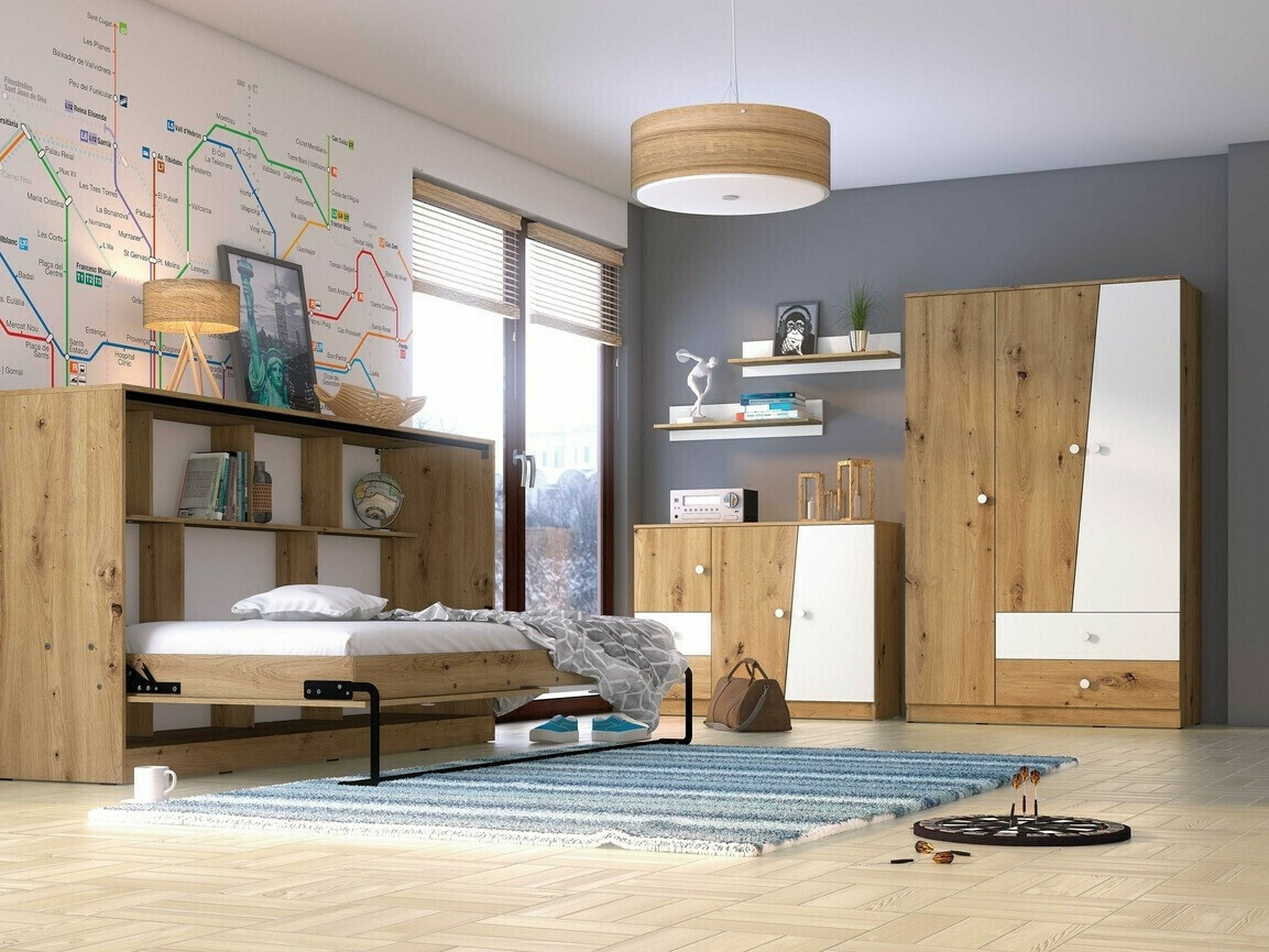 Skapis Mirelbu 102 (Artisan ozols + Balts + Melns)