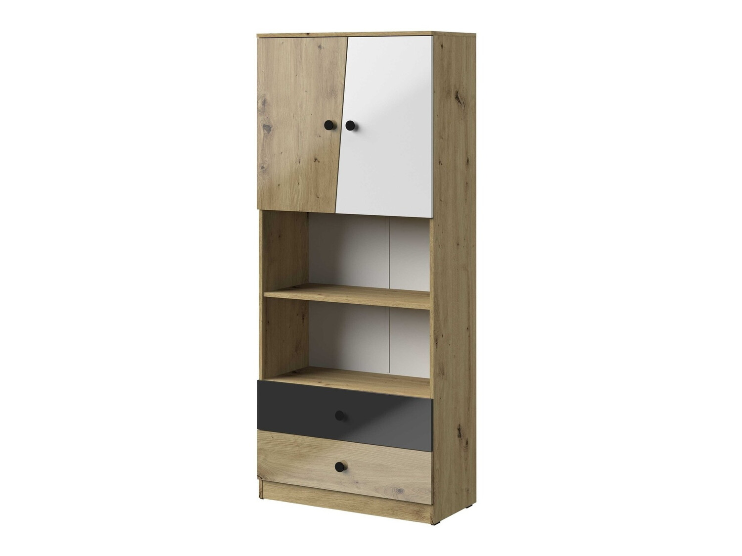 Стеллаж Mirelbu 103 (Artisan дуб + Глянцевый белый + Глянцевый черный)