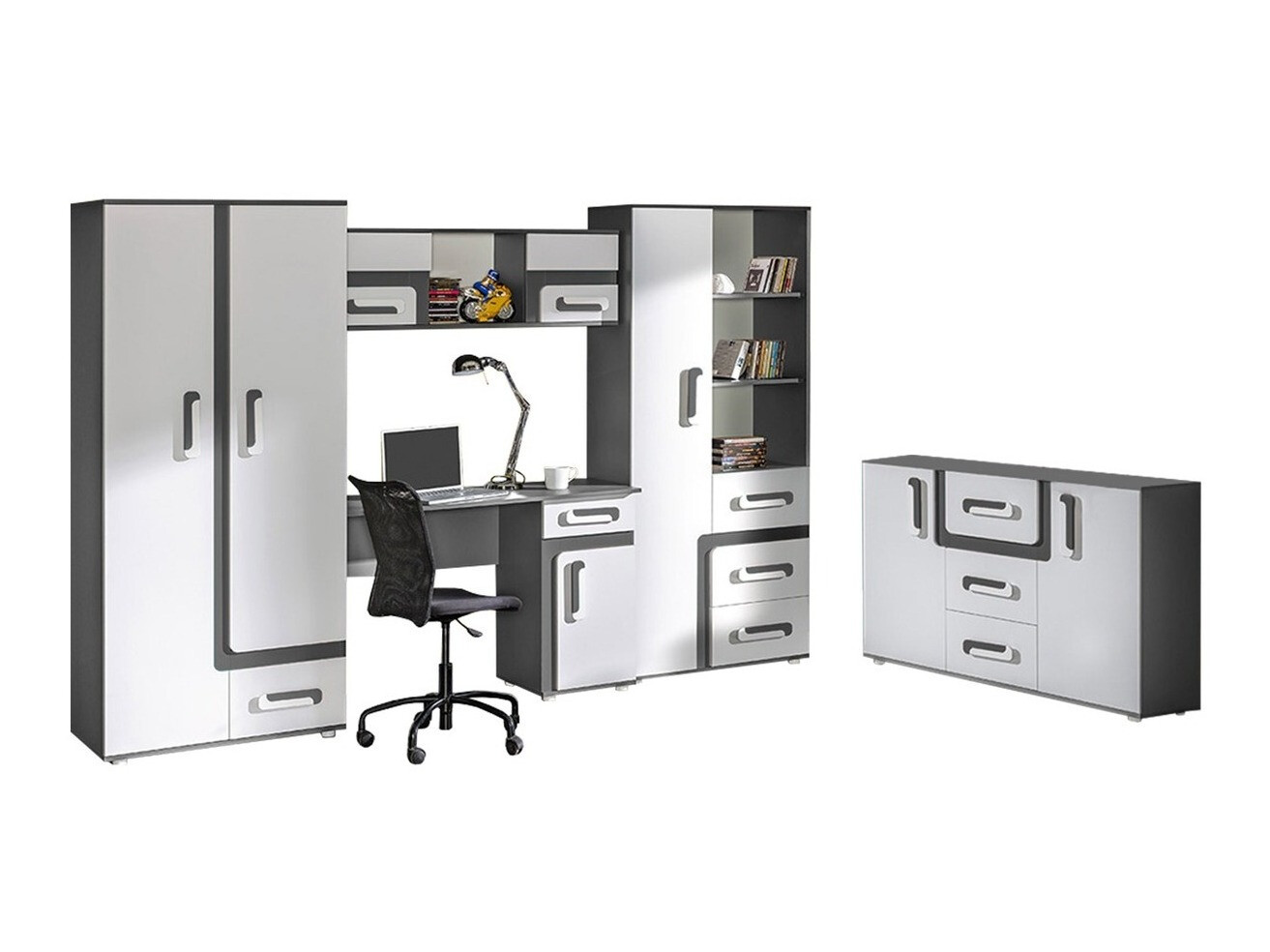 Bērnu istabas komplekts Aviseve 107 (Antracīts + Balts)