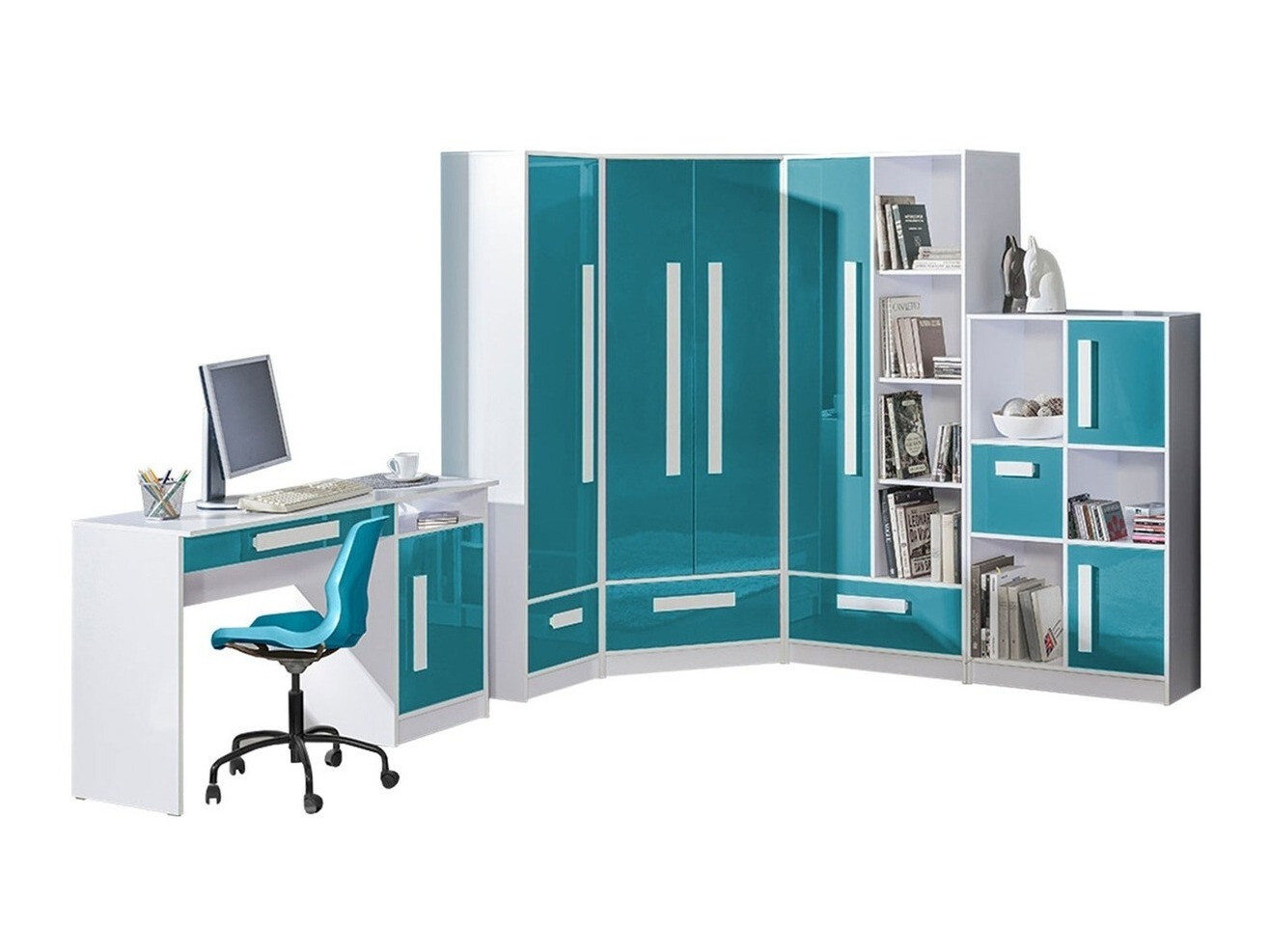 Bērnu istabas komplekts Merevari 107 (Balts + Glancēts Tirkīzs)