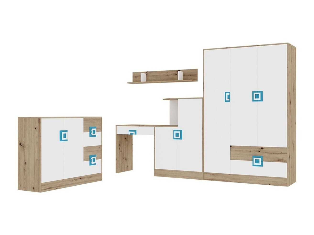 Mēbeļu komplekts Tolfere 107 (Gaišs ozols + Balts + Tirkīzs)