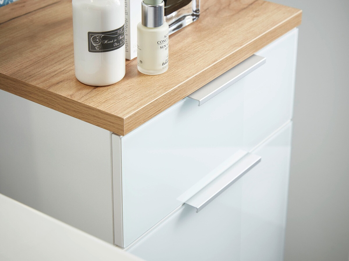 Stāvošs vannas istabas skapītis izlietnei Levciro 102 (Glancēts balts + Navarra ozols)