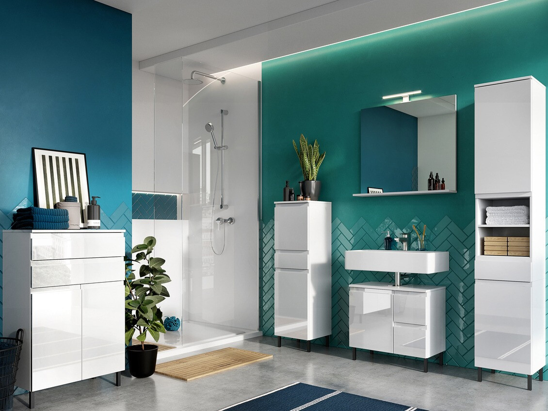 Stāvošs vannas istabas skapītis izlietnei Talmira 103 (Balts + Glancēts balts)