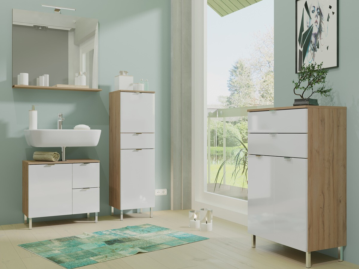 Stāvošs vannas skapītis Lomcamo 102 (Glancēts balts + Grandson ozols)