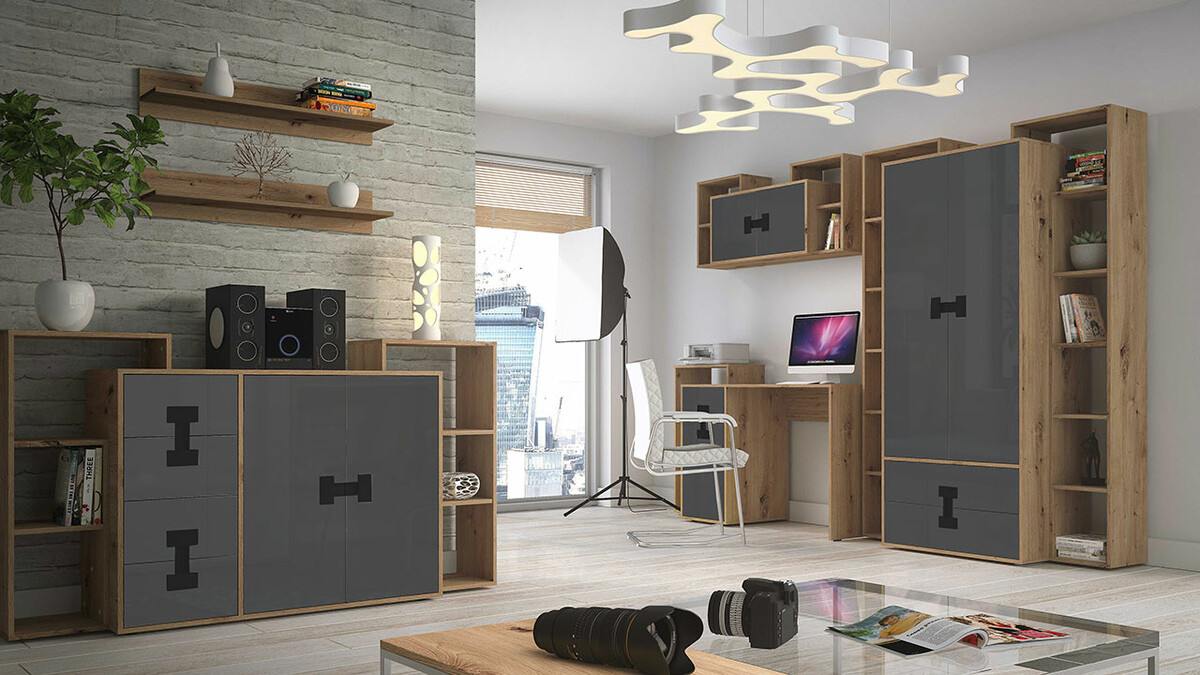 Skapis Florevi 113 (Glancēts pelēks + Artisan ozols)