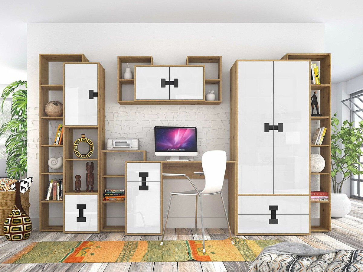 Комплект для домашнего офиса Florevi 104 (Глянцевый белый + Artisan дуб)