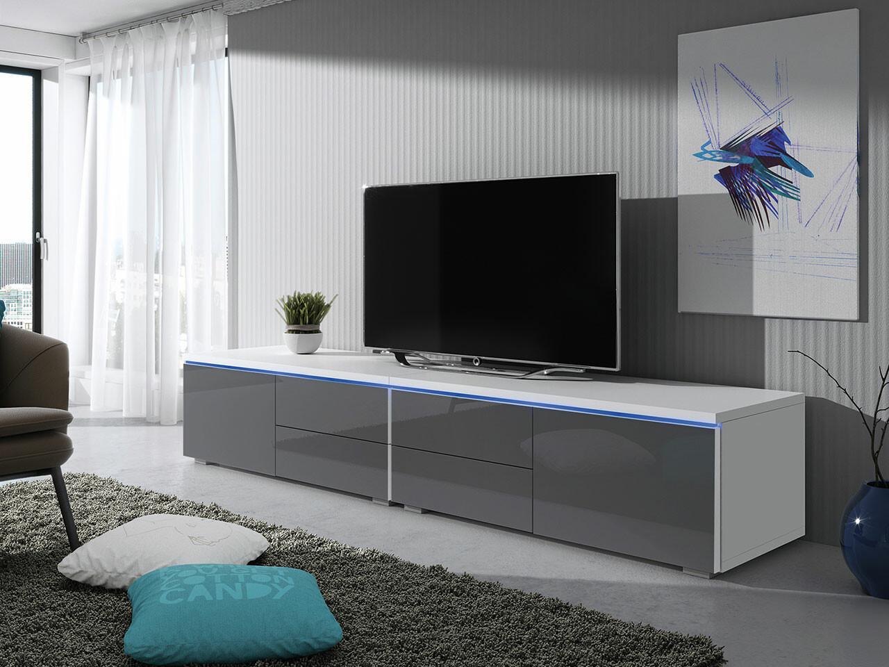 TV galds Hortus (Balts + Glancēts pelēks)