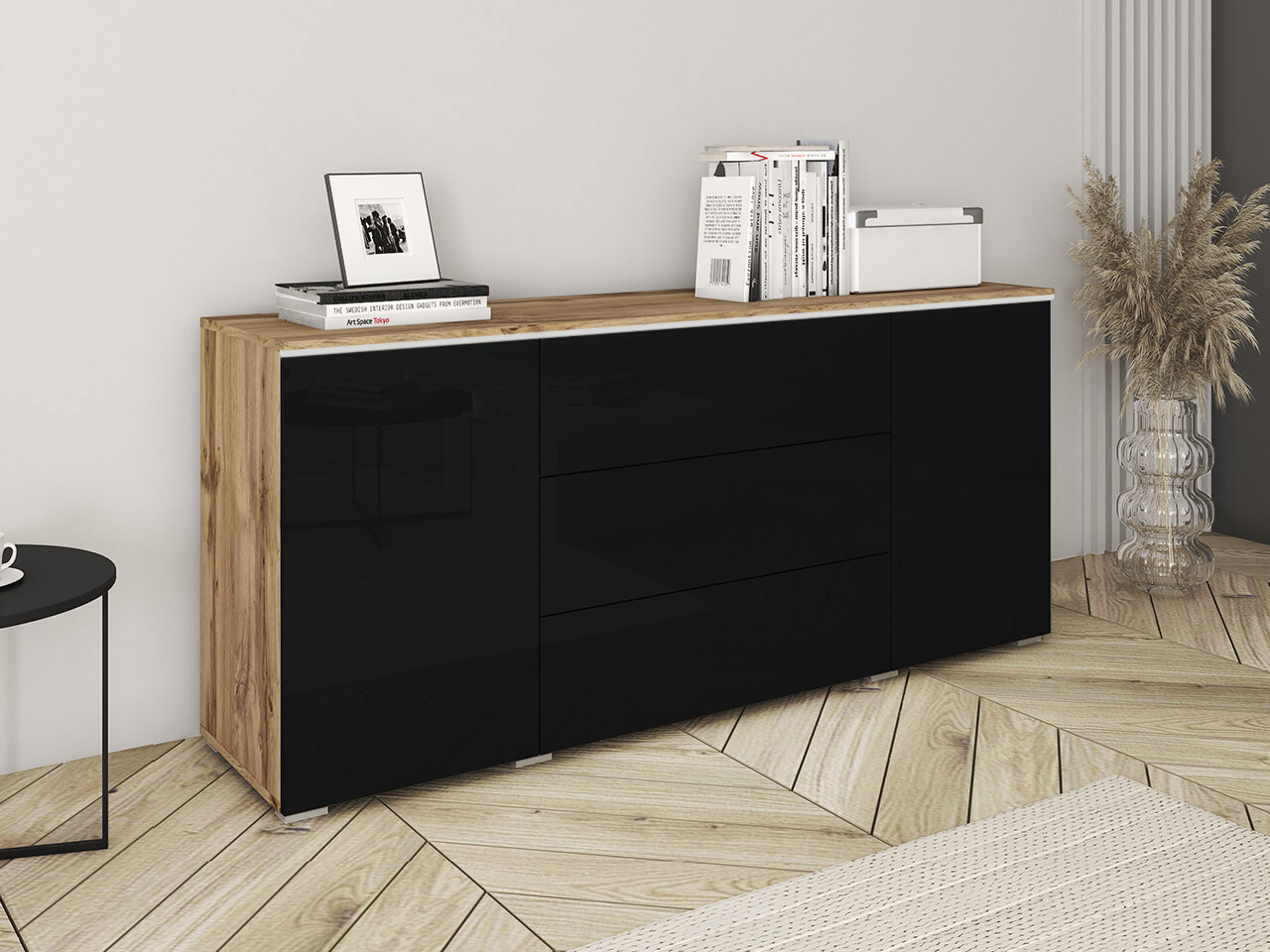 Kомод Sarasota 142 (Дуб вотан + Глянцевый черный)