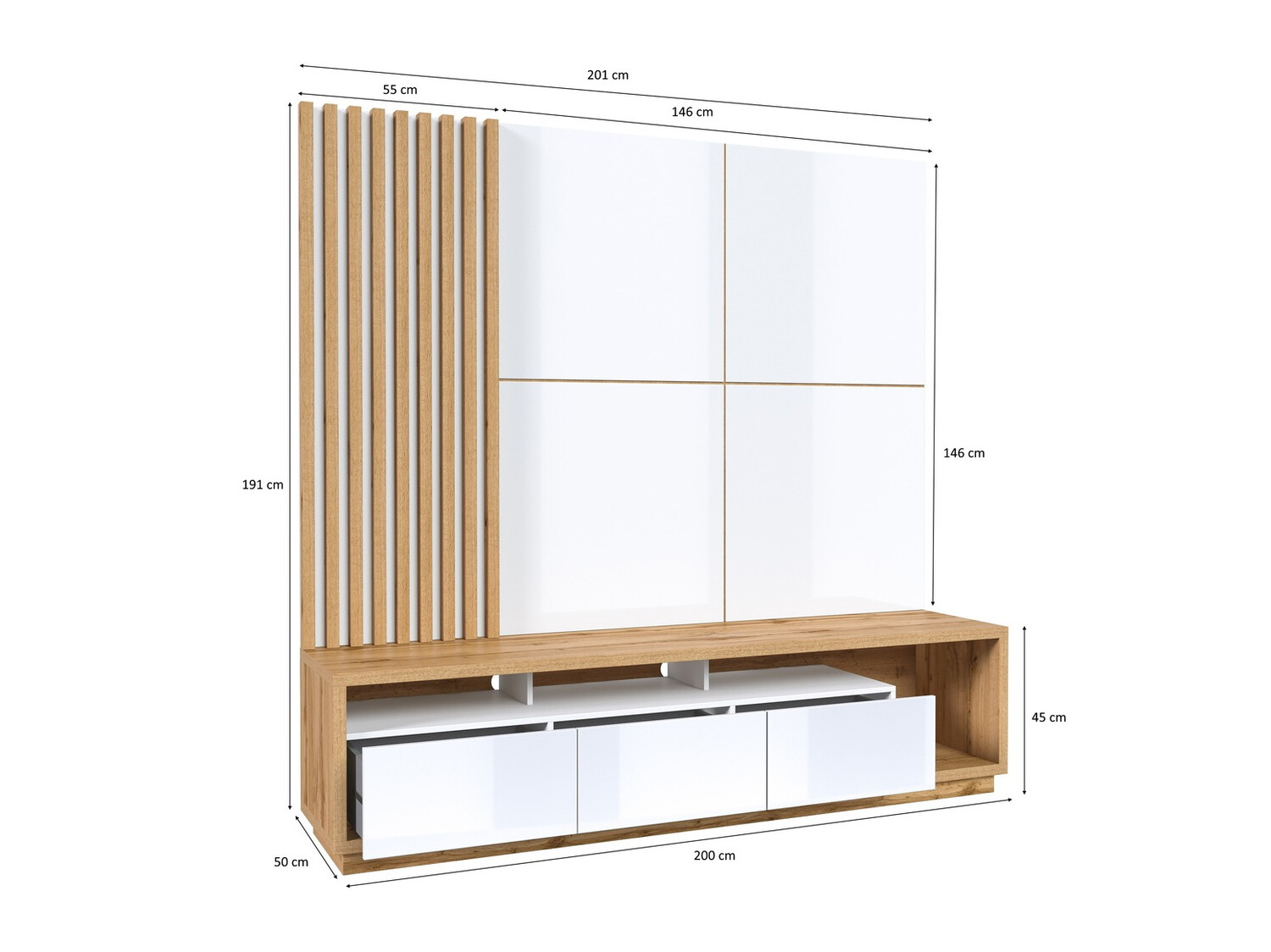 Viesistabas komplekts Austin 360 (Votan ozols + Balts + Glancēts balts)