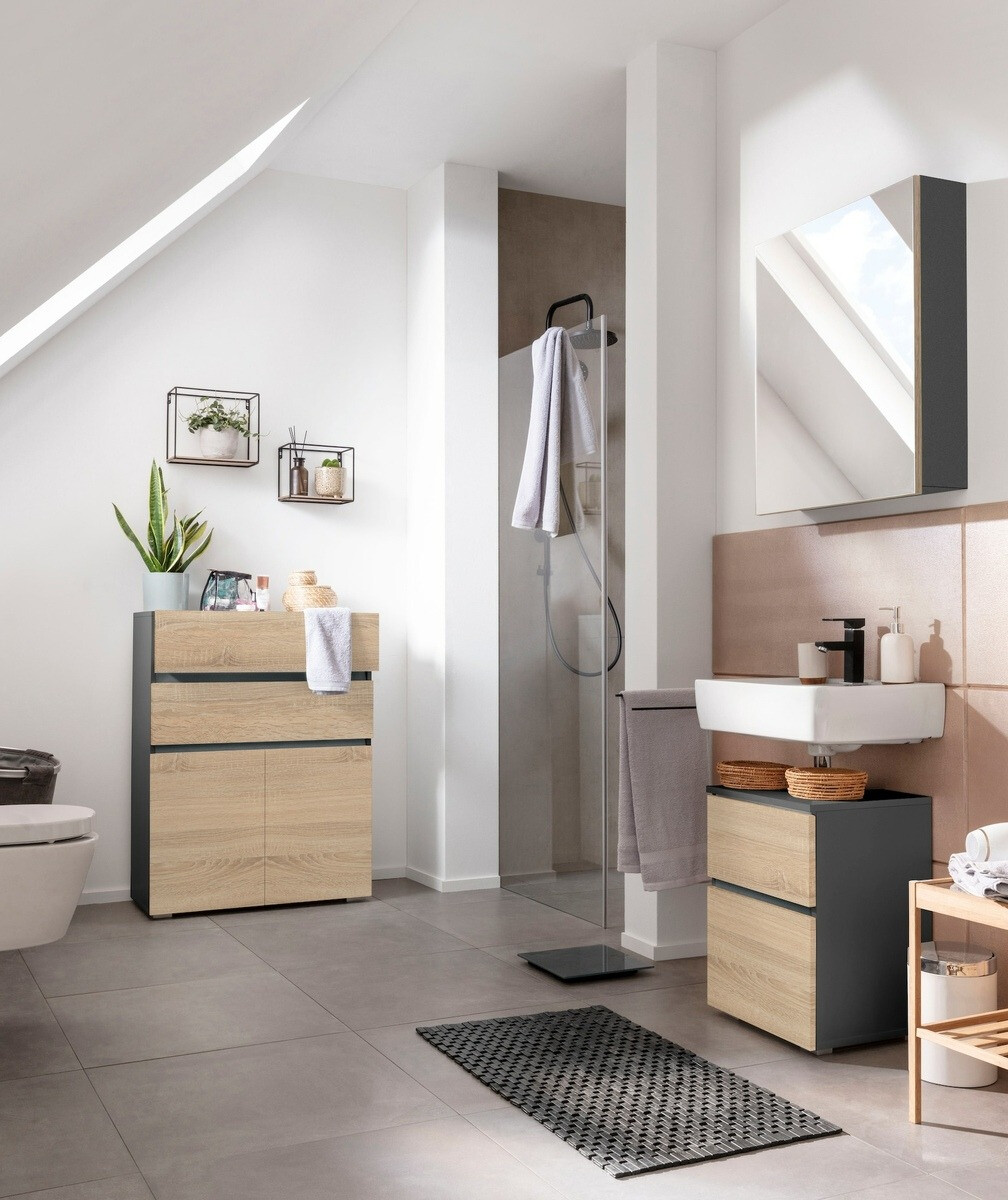 Stāvošs vannas istabas skapītis izlietnei Soncamu 103 (Antracīts + Ozols)