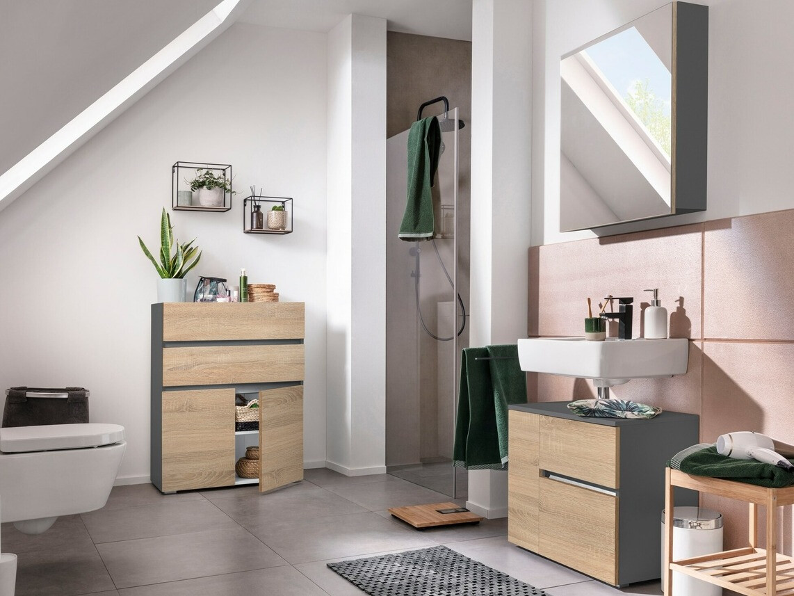 Stāvošs vannas istabas skapītis izlietnei Soncamu 108 (Antracīts + Ozols)