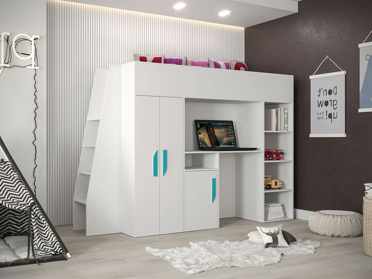 Высокая кровать Hartford 355 (Белый + Глянцевый белый + Бирюзовый)