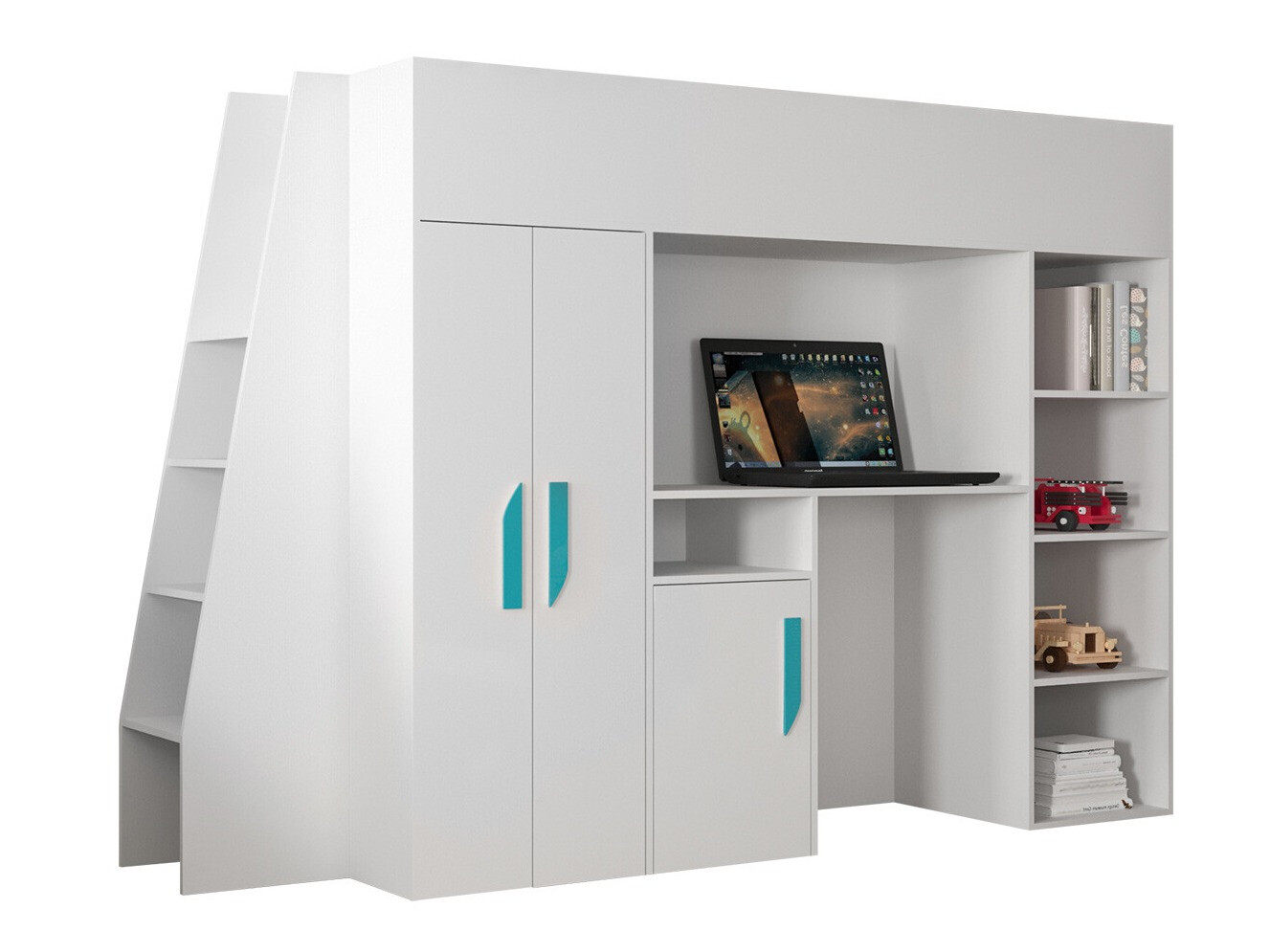 Высокая кровать Hartford 355 (Белый + Глянцевый белый + Бирюзовый)