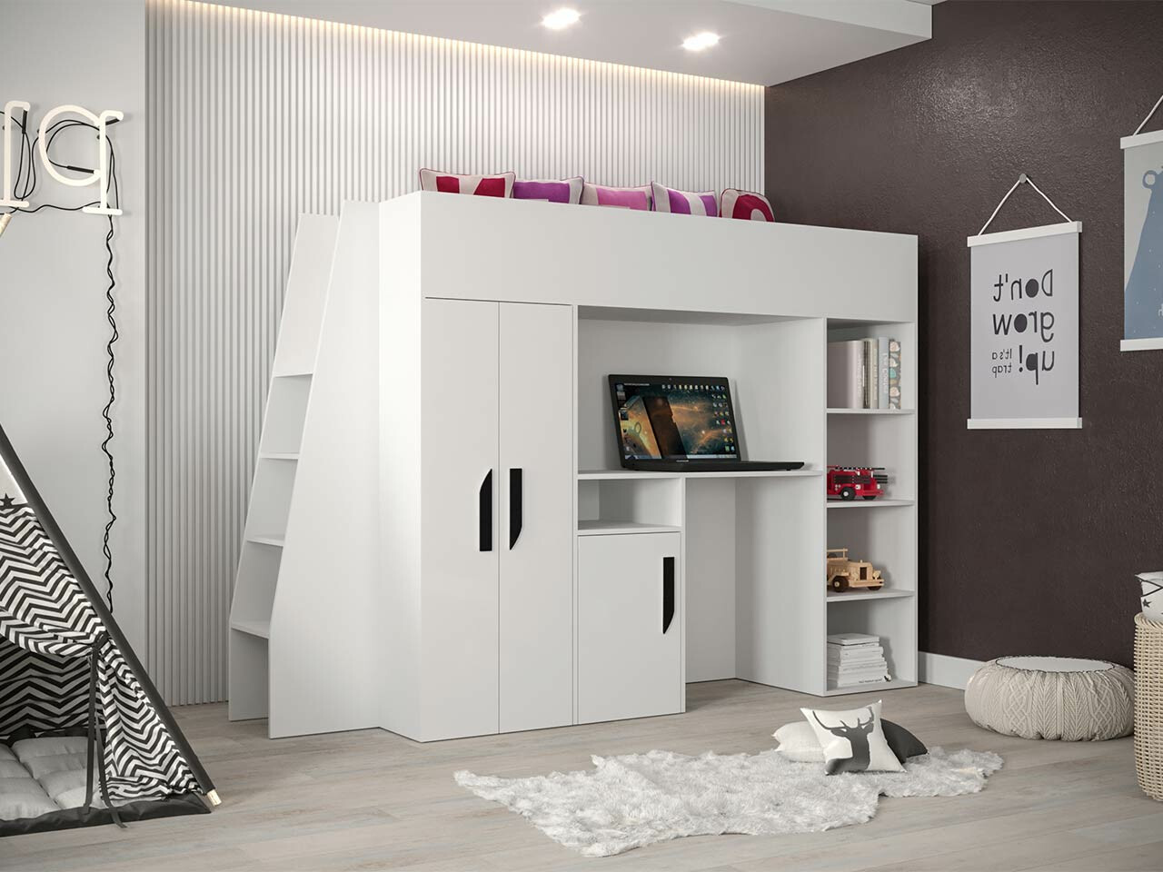 Высокая кровать Hartford 355 (Белый + Глянцевый белый + Чёрный)