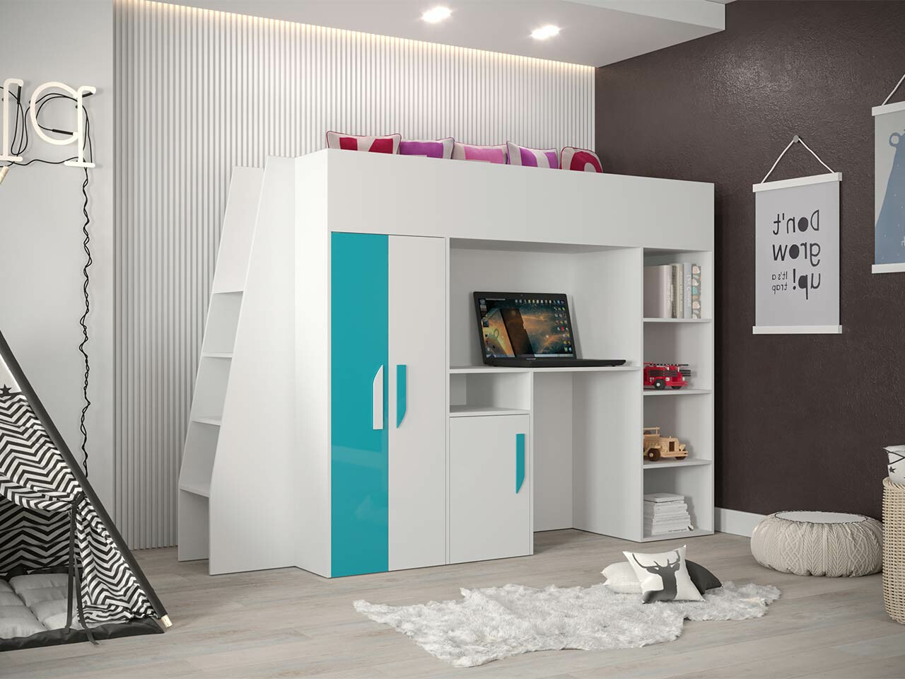 Высокая кровать Hartford 355 (Белый + Глянцевый Бирюзовый + Глянцевый белый)