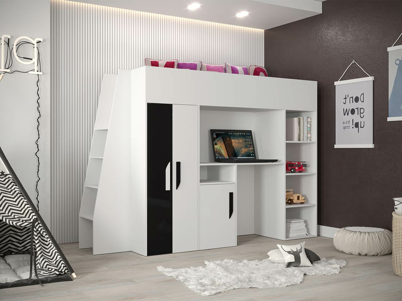 Высокая кровать Hartford 355 (Белый + Глянцевый черный + Глянцевый белый)