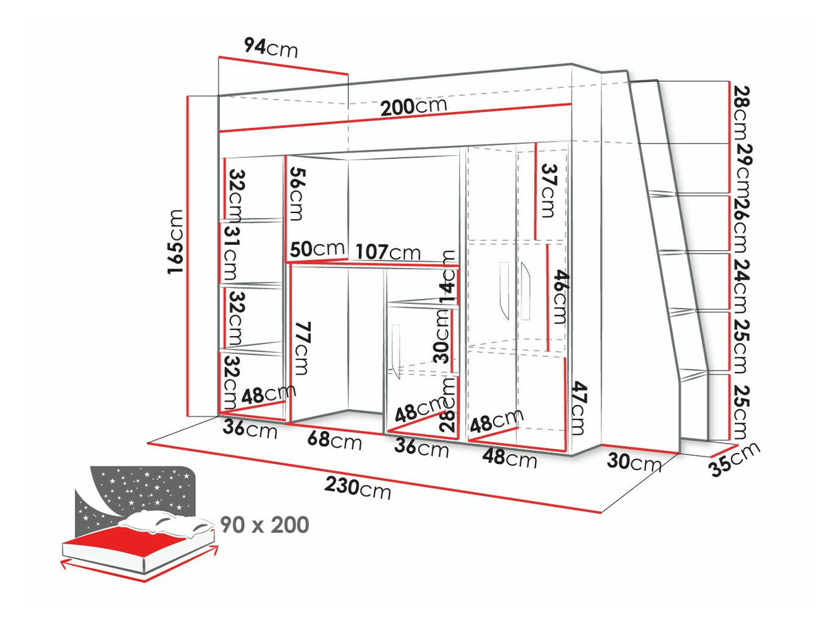 Высокая кровать Hartford 355 (Белый + Глянцевый черный + Глянцевый белый)