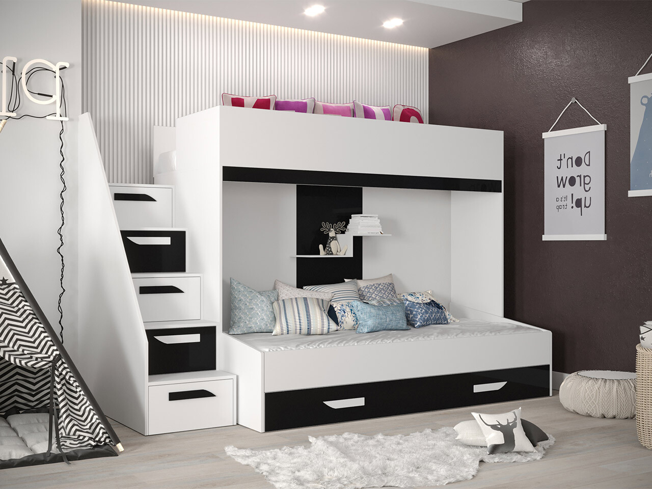 Divstāvu gulta Hartford 356 (Balts + Glancēts melns + Glancēts balts)