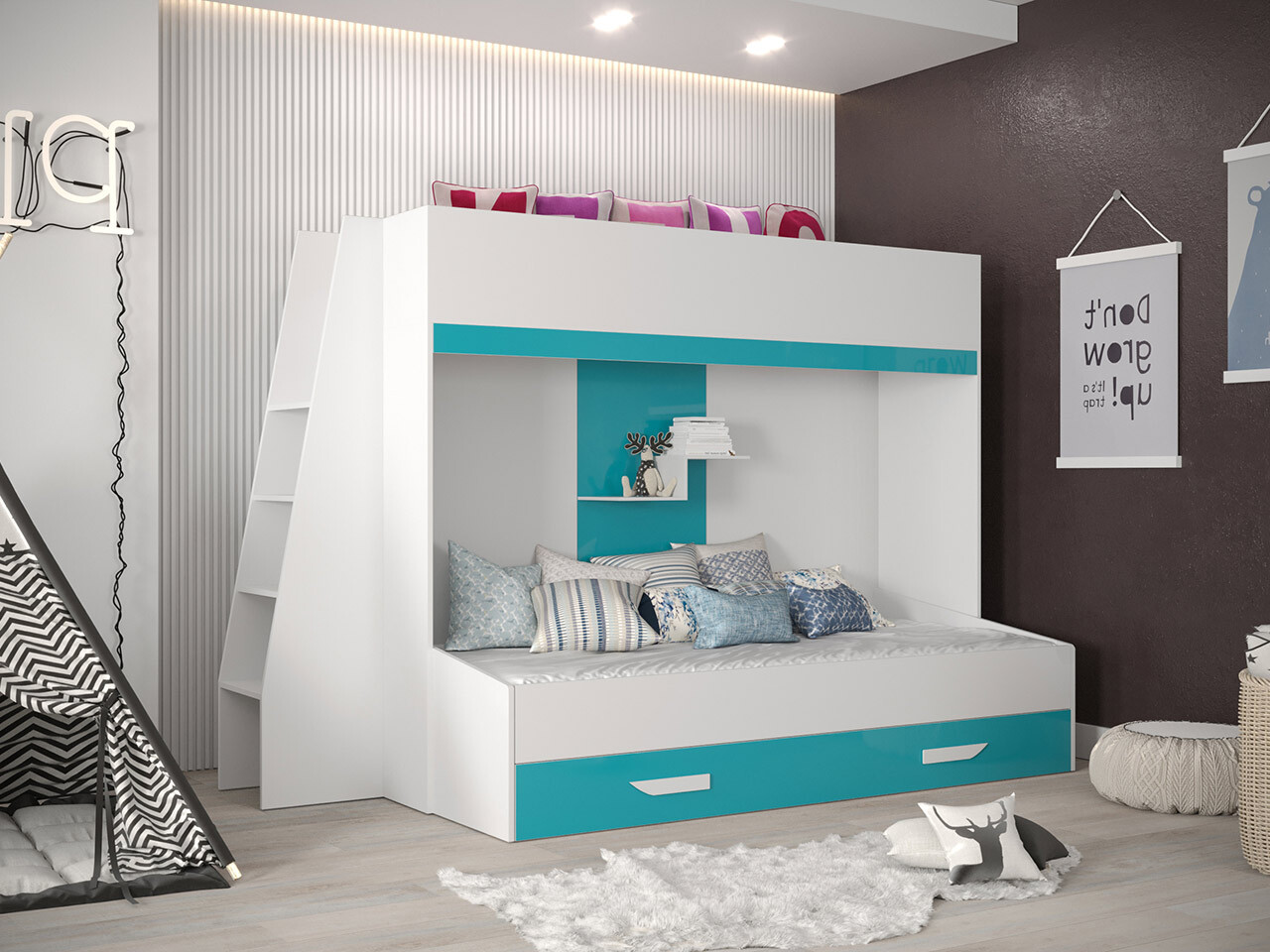 Divstāvu gulta Hartford 357 (Balts + Glancēts Tirkīzs + Glancēts balts)