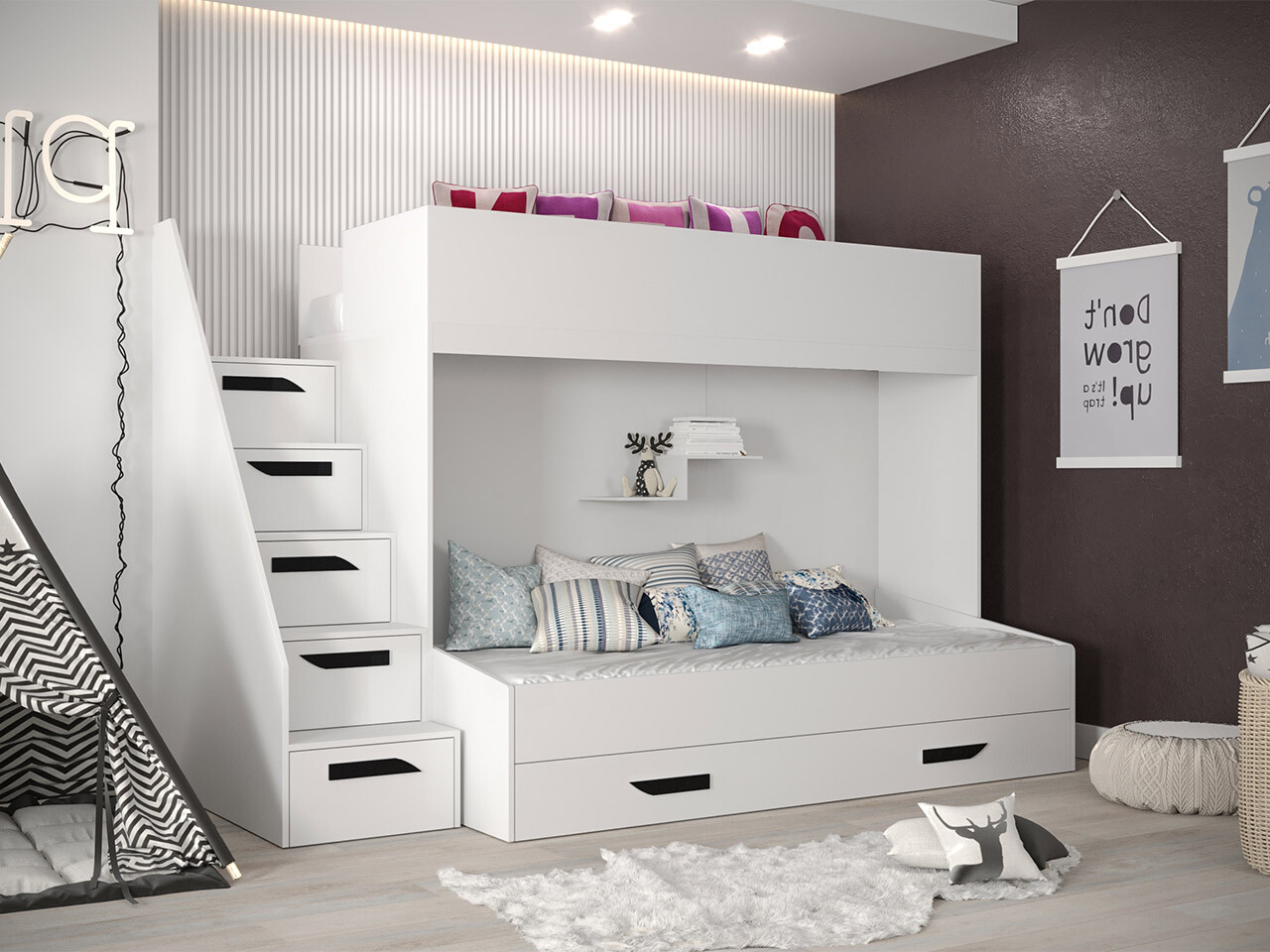 Двухъярусная кровать Hartford 356 (Белый + Глянцевый белый + Чёрный)