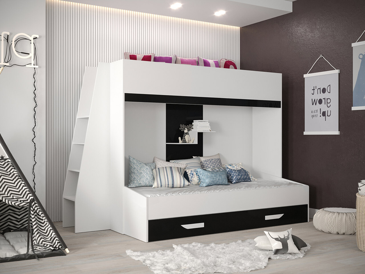 Двухъярусная кровать Hartford 357 (Белый + Глянцевый черный + Глянцевый белый)