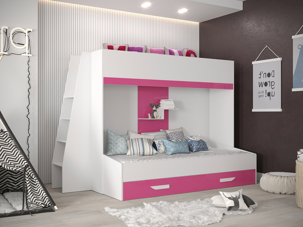 Двухъярусная кровать Hartford 357 (Белый + Глянцевый розовый + Глянцевый белый)