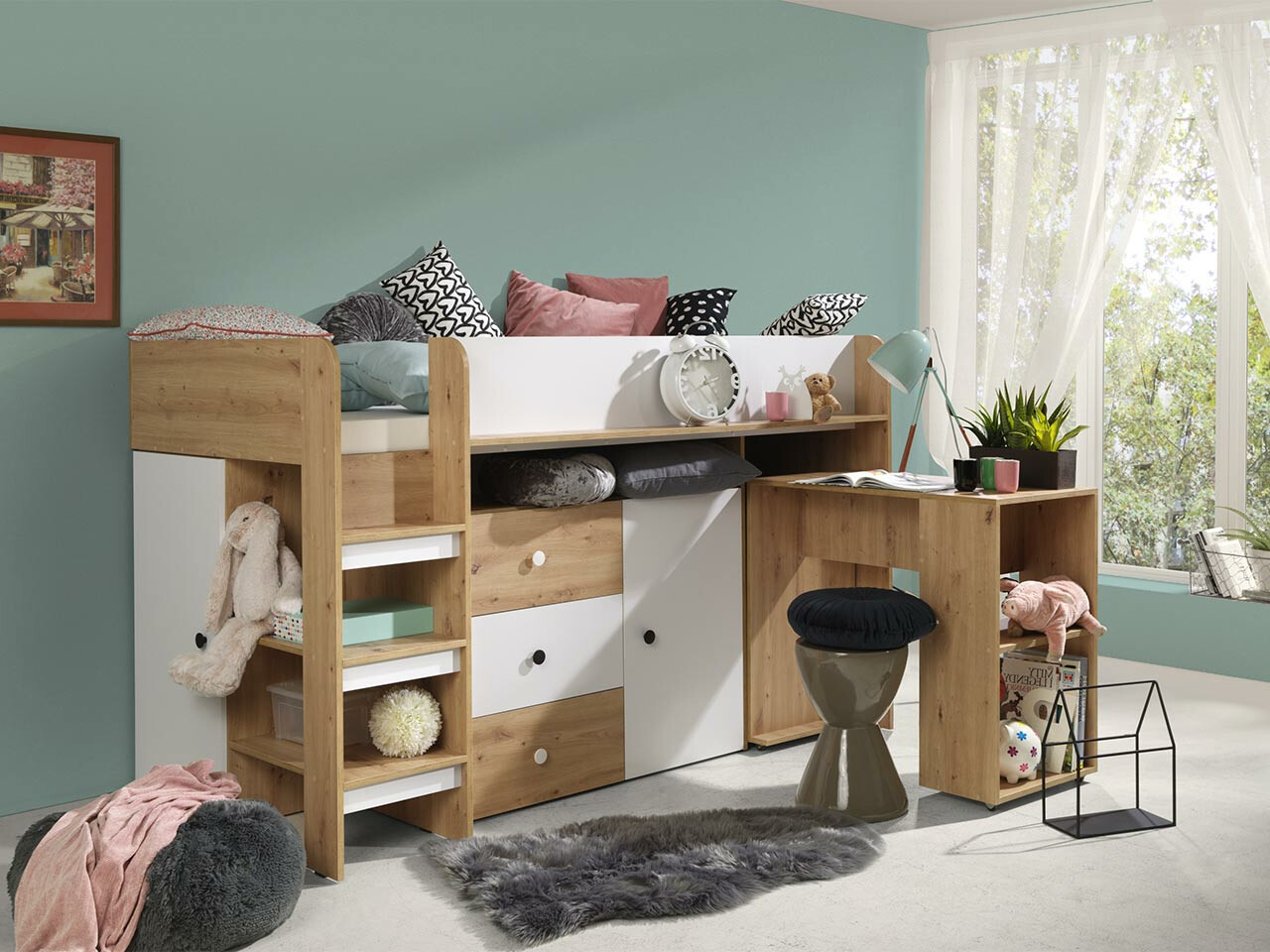 Высокая кровать Hartford 359 (Artisan дуб + Белый)