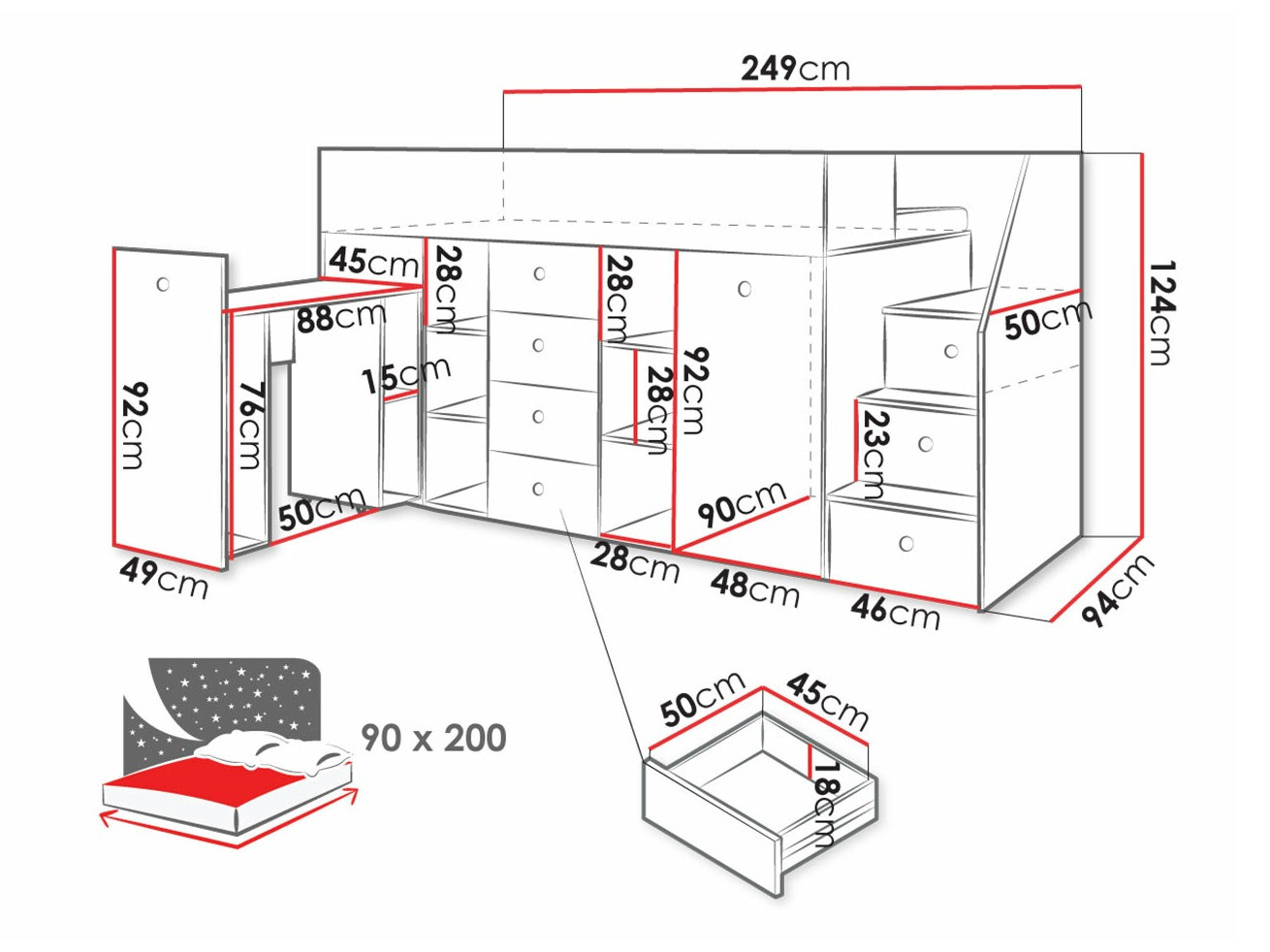 Высокая кровать Hartford 361 (Artisan дуб + Чёрный)