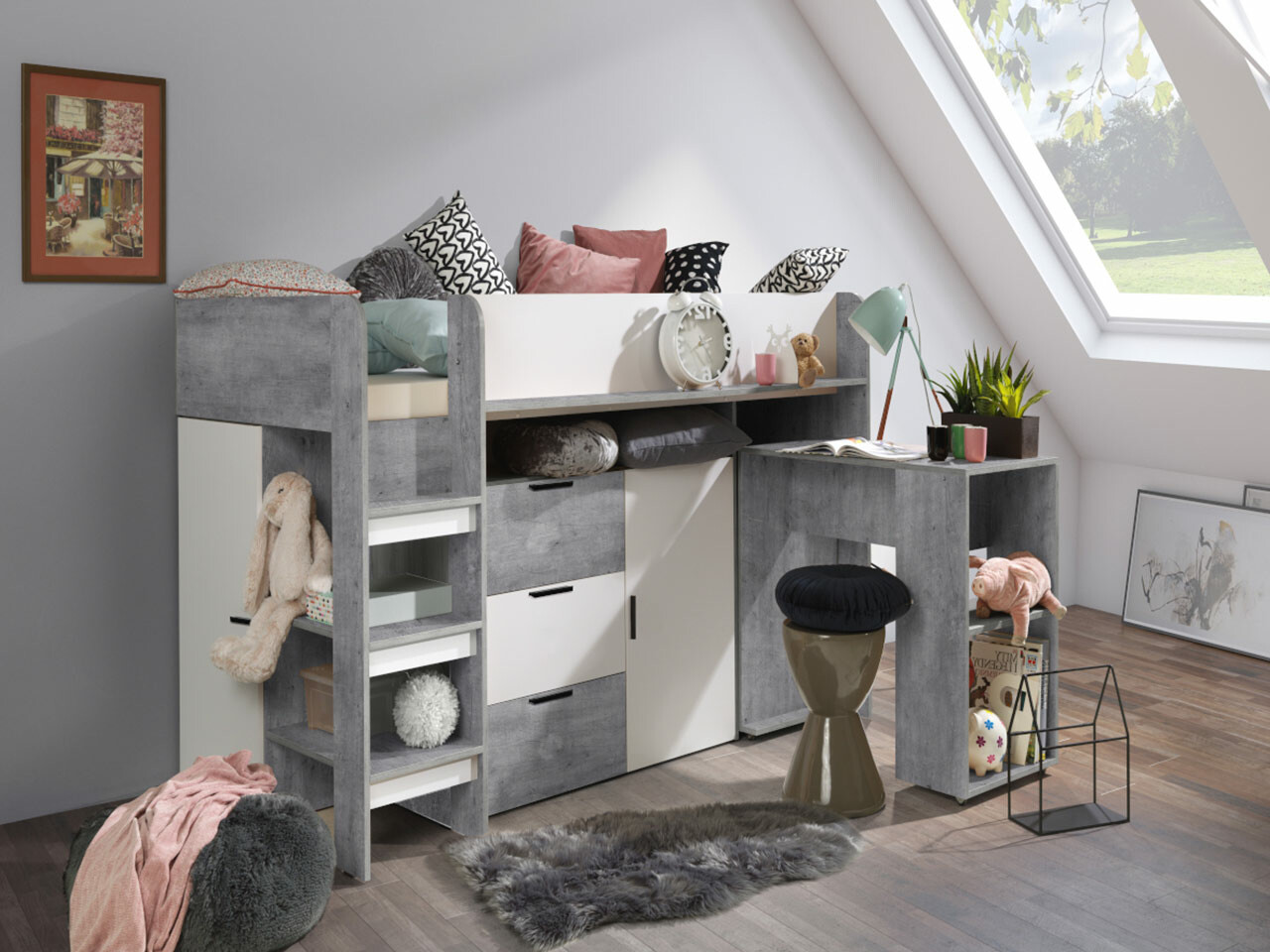 Высокая кровать Hartford 363 (Бетон + Белый)