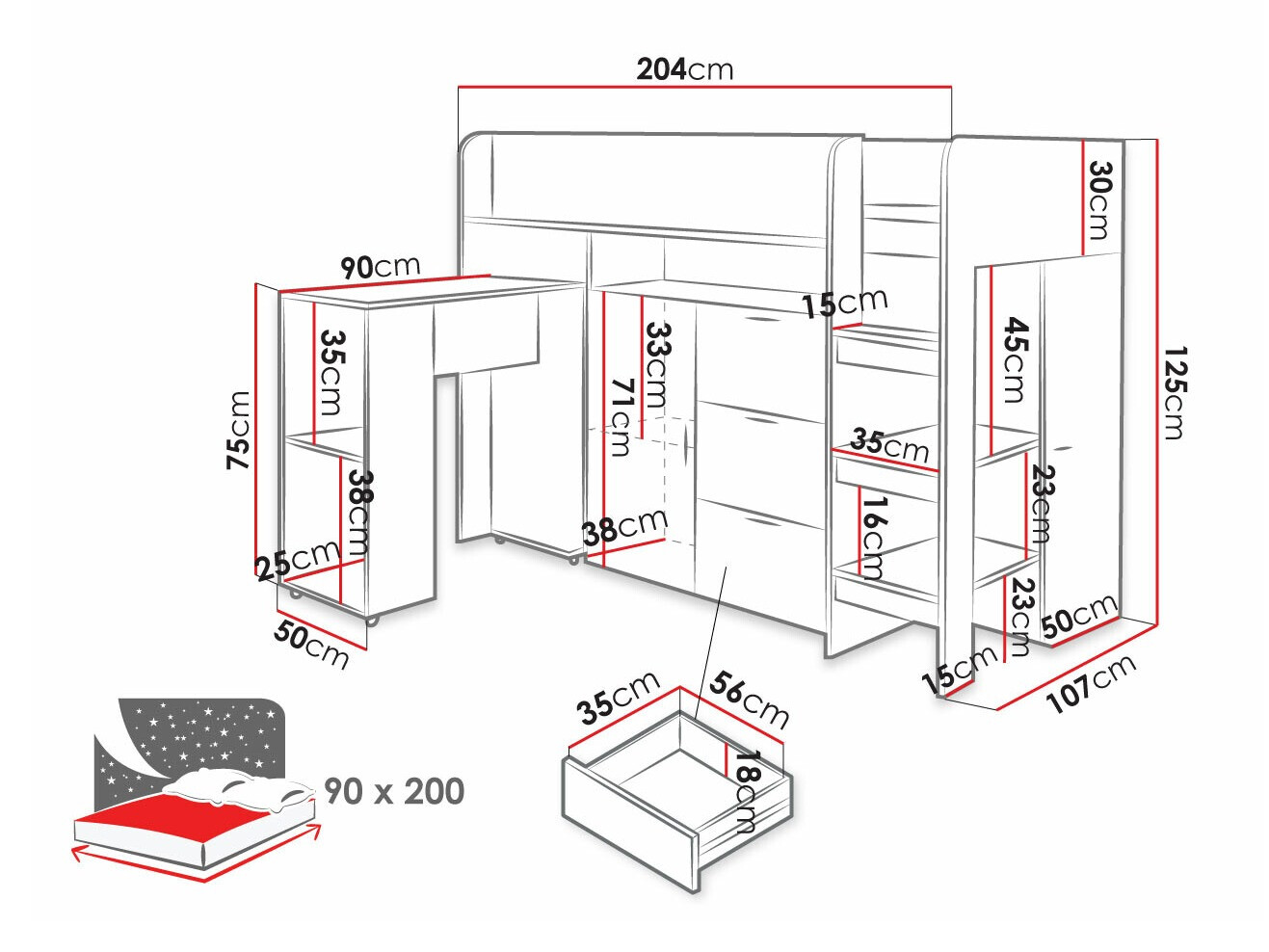 Высокая кровать Hartford 363 (Бетон + Белый)