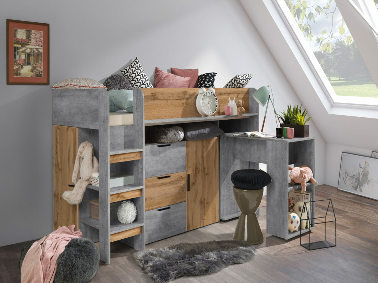 Высокая кровать Hartford 363 (Бетон + Дуб вотан)